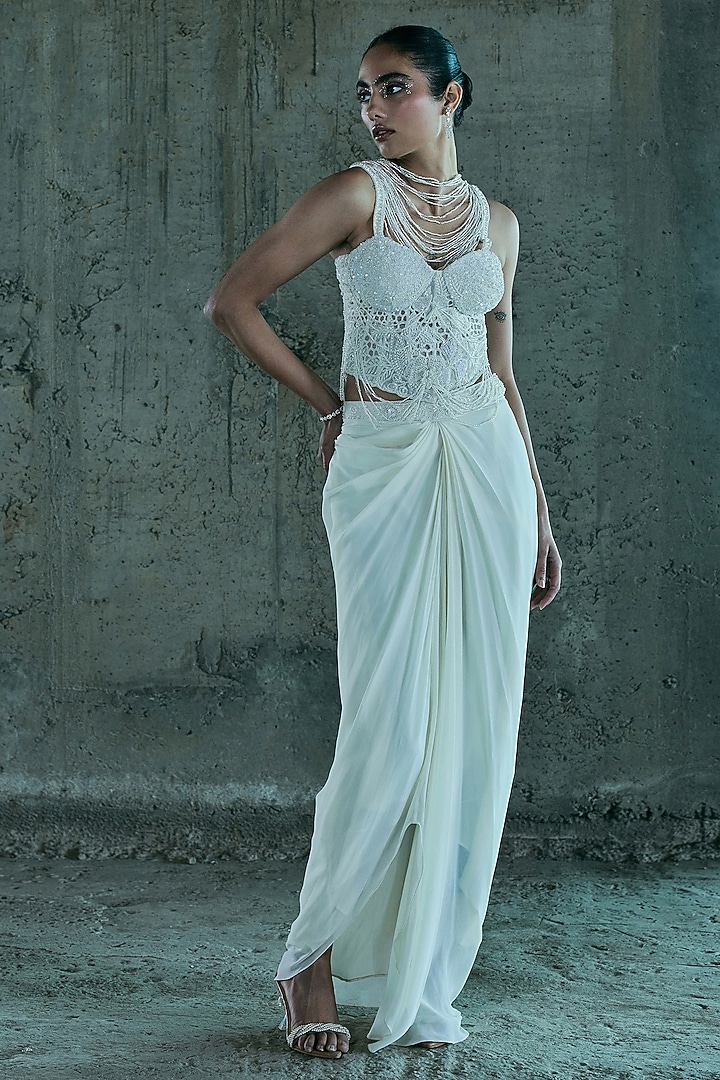 Ivory Georgette Skirt Set by ISTYA at Pernia's Pop Up Shop