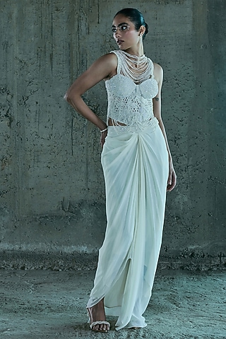 Ivory Georgette Skirt Set by ISTYA
