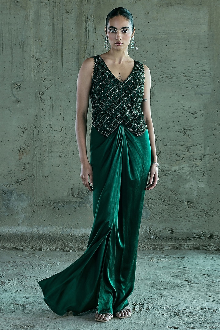 Emerald Green Satin Skirt Set by ISTYA at Pernia's Pop Up Shop