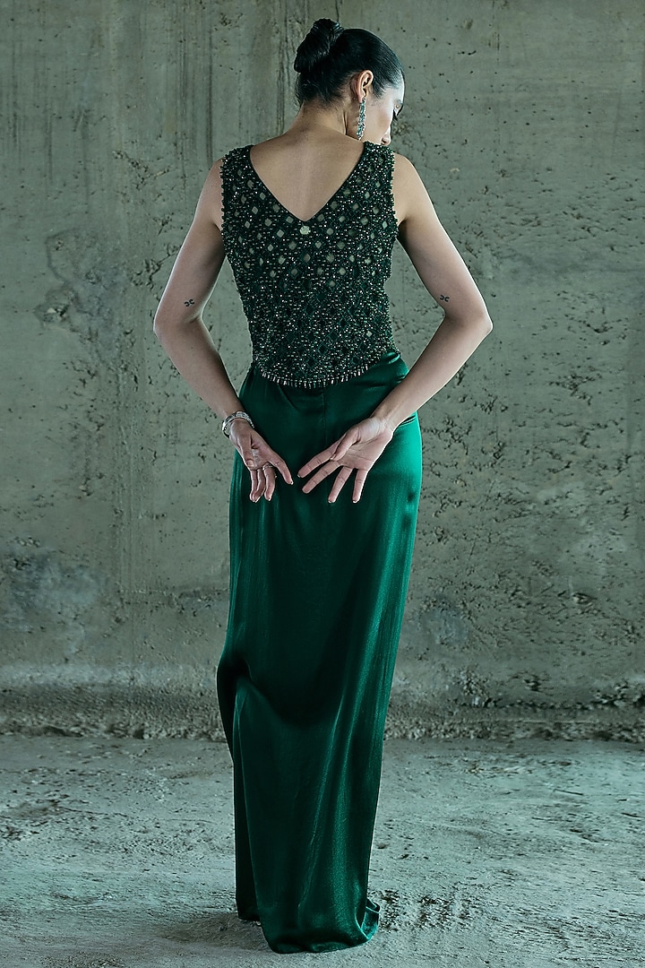 Emerald Green Satin Skirt Set by ISTYA at Pernia's Pop Up Shop