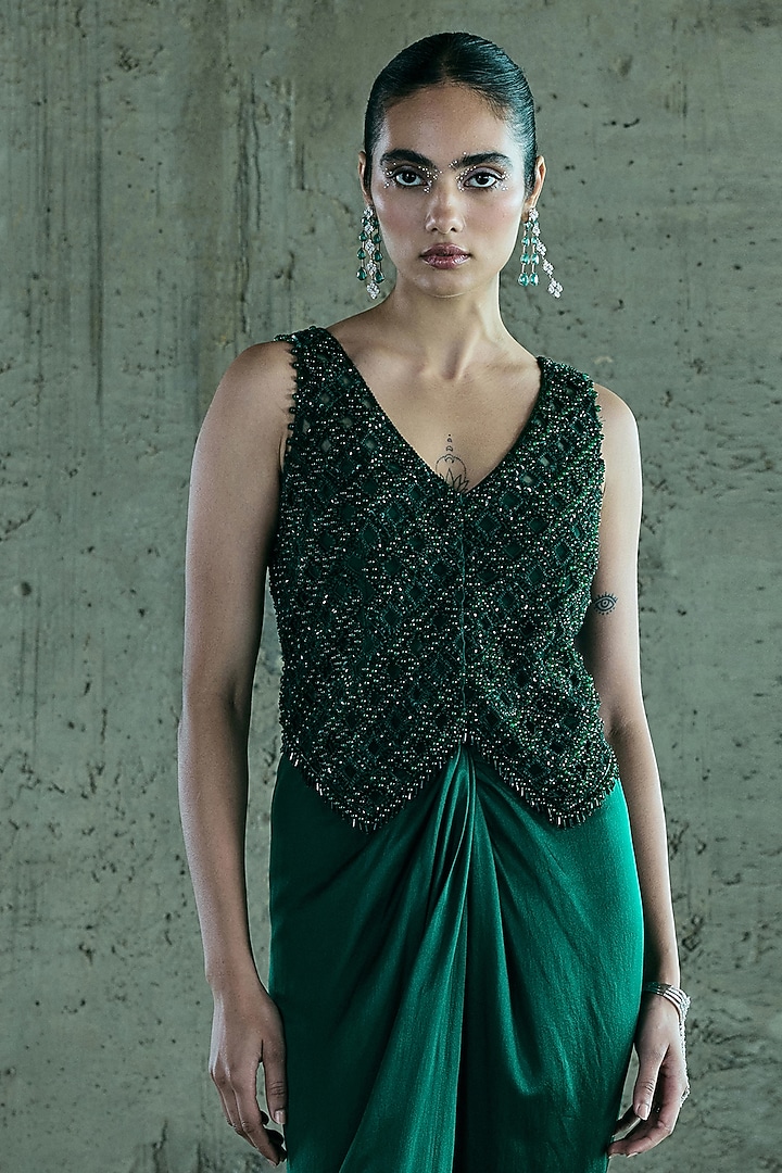 Emerald Green Satin Skirt Set by ISTYA at Pernia's Pop Up Shop