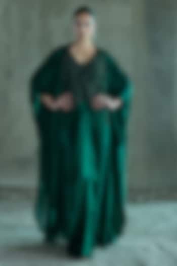 Emerald Green Satin Crystal Work Cape Set by ISTYA at Pernia's Pop Up Shop