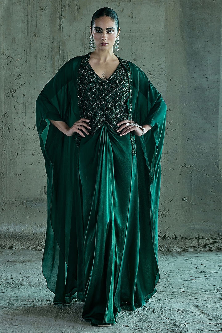 Emerald Green Satin Crystal Work Cape Set by ISTYA at Pernia's Pop Up Shop