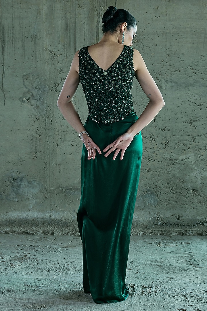 Emerald Green Satin Crystal Work Cape Set by ISTYA at Pernia's Pop Up Shop