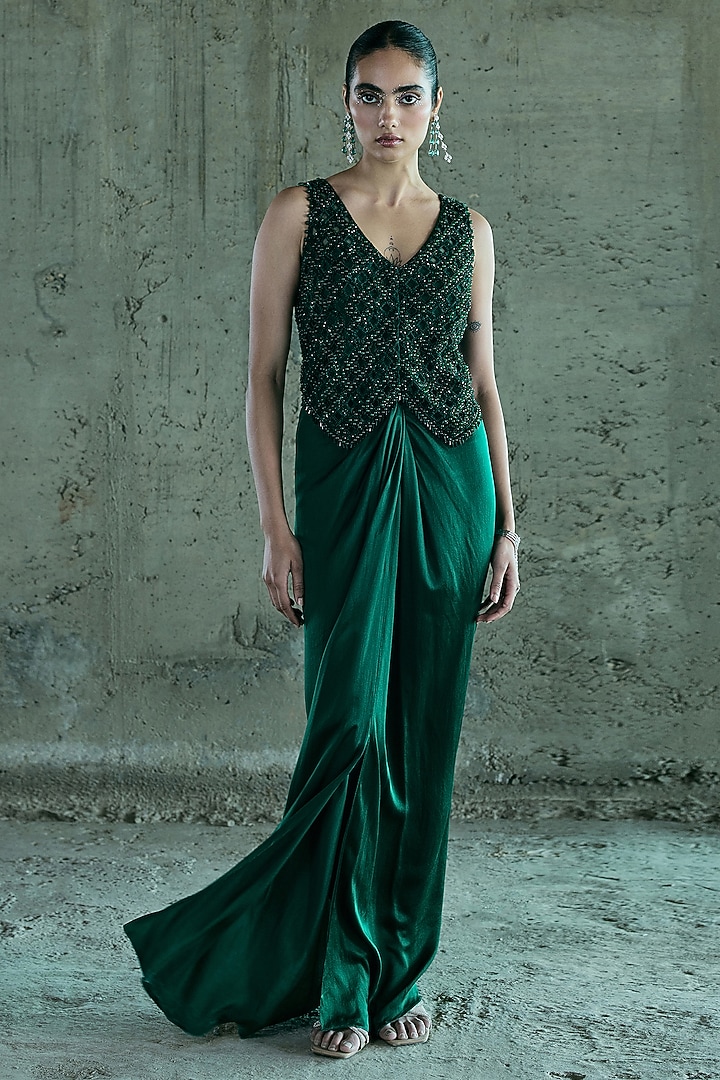 Emerald Green Satin Crystal Work Cape Set by ISTYA at Pernia's Pop Up Shop