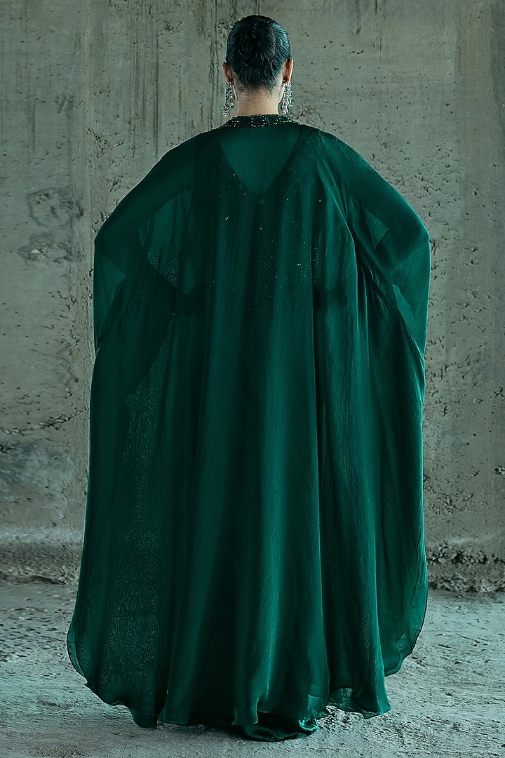 Emerald Green Satin Crystal Work Cape Set by ISTYA at Pernia's Pop Up Shop