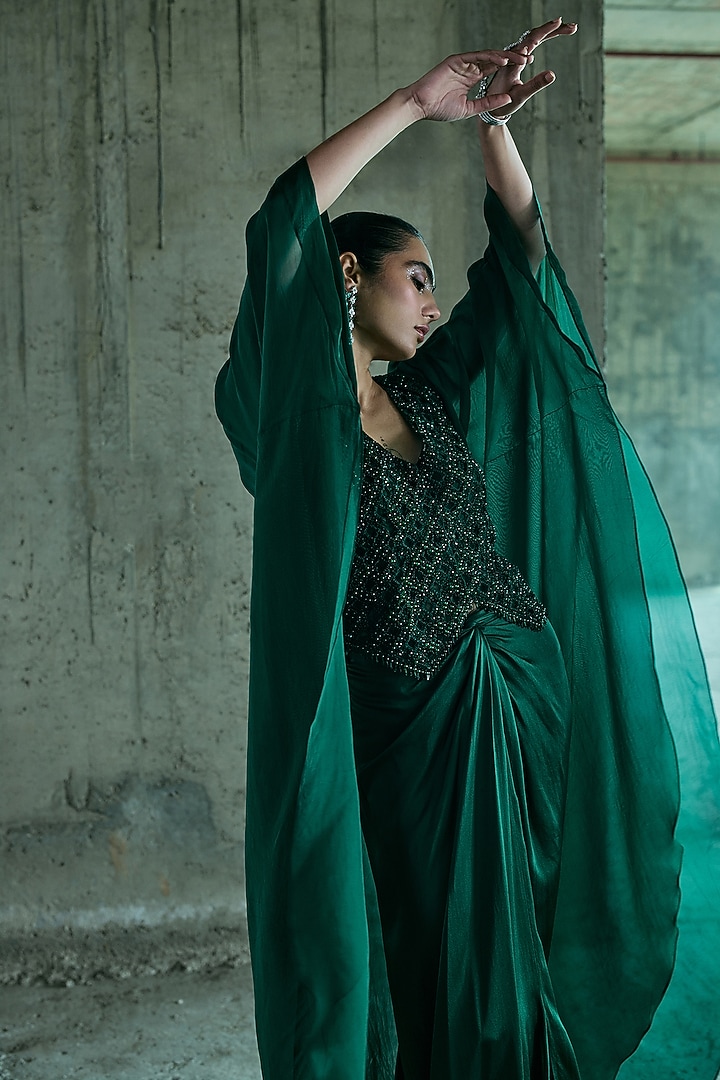 Emerald Green Satin Crystal Work Cape Set by ISTYA at Pernia's Pop Up Shop