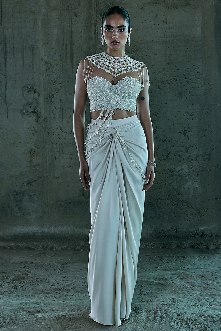 Ivory Satin Skirt Set by ISTYA at Pernia's Pop Up Shop