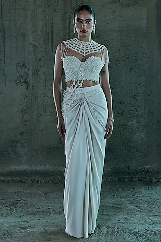 Ivory Satin Skirt Set by ISTYA