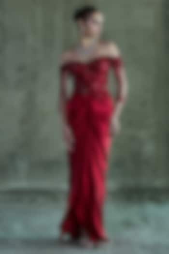 Red Satin Skirt Set by ISTYA at Pernia's Pop Up Shop