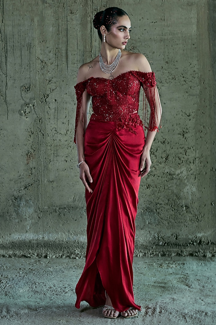 Red Satin Skirt Set by ISTYA at Pernia's Pop Up Shop