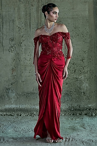 Red Satin Skirt Set by ISTYA