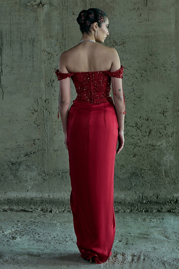 Red Satin Skirt Set by ISTYA at Pernia's Pop Up Shop