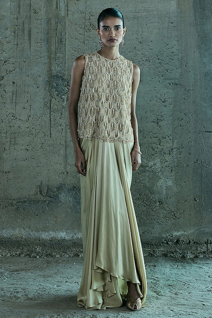 Beige Satin Skirt Set by ISTYA at Pernia's Pop Up Shop