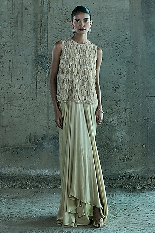 Beige Satin Skirt Set by ISTYA