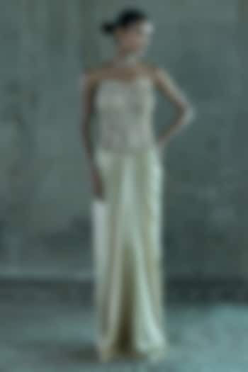 Beige Satin Skirt Set by ISTYA at Pernia's Pop Up Shop