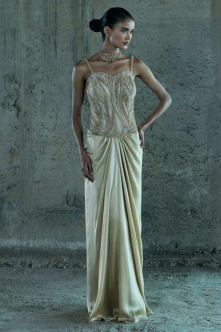 Beige Satin Skirt Set by ISTYA at Pernia's Pop Up Shop