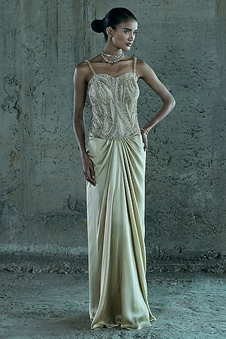 Beige Satin Skirt Set by ISTYA