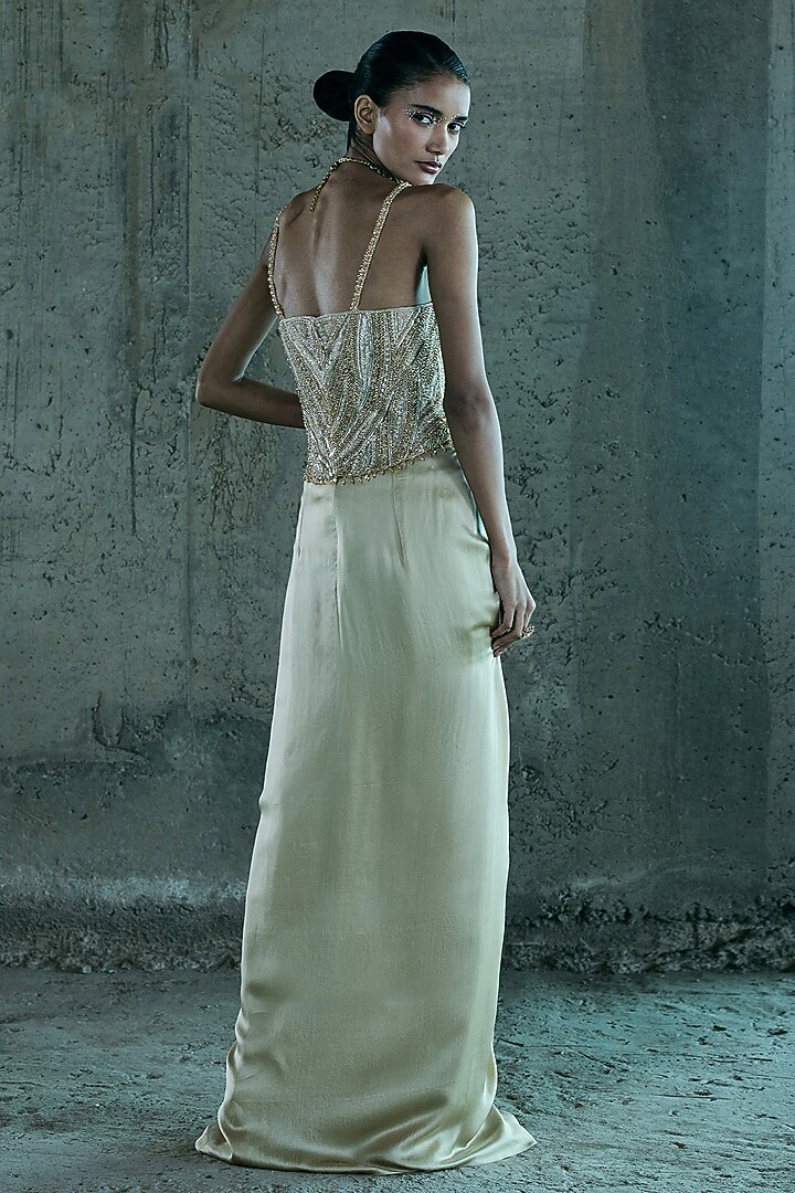 Beige Satin Skirt Set by ISTYA at Pernia's Pop Up Shop