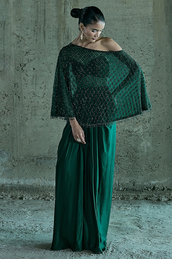 Emerald Green Satin Skirt Set by ISTYA at Pernia's Pop Up Shop