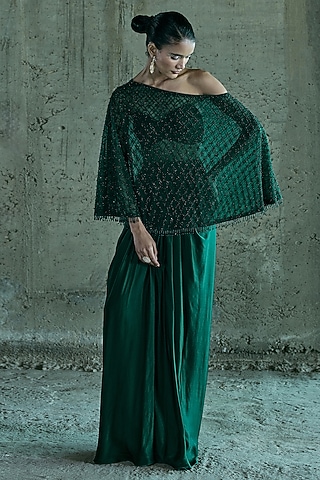 Emerald Green Satin Skirt Set by ISTYA