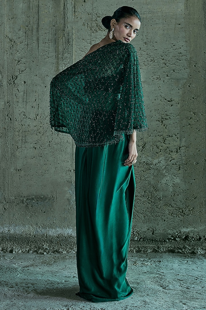 Emerald Green Satin Skirt Set by ISTYA at Pernia's Pop Up Shop