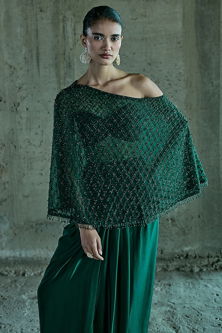 Emerald Green Satin Skirt Set by ISTYA at Pernia's Pop Up Shop