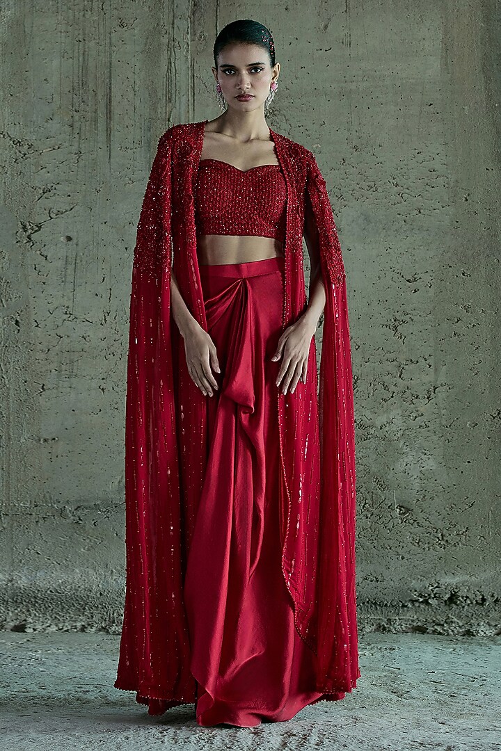 Red Georgette Cape Set by ISTYA at Pernia's Pop Up Shop
