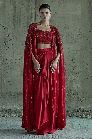 Red Georgette Cape Set by ISTYA