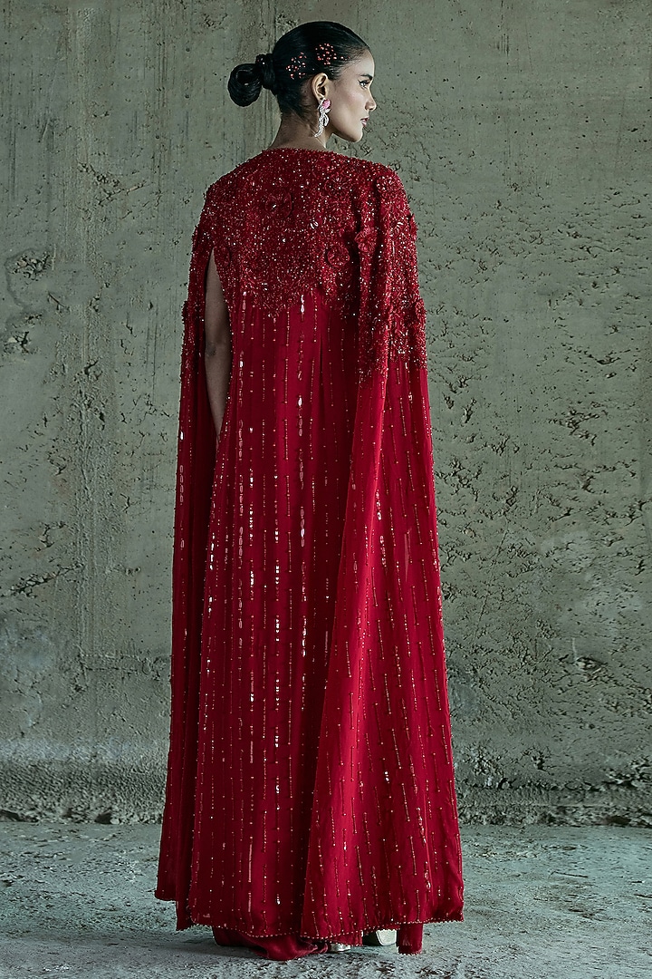 Red Georgette Cape Set by ISTYA at Pernia's Pop Up Shop