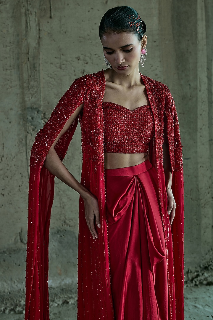 Red Georgette Cape Set by ISTYA at Pernia's Pop Up Shop