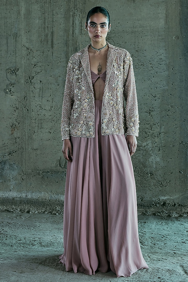 Rose Gold Organza Embroidered Blazer Set by ISTYA at Pernia's Pop Up Shop