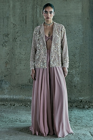 Rose Gold Organza Embroidered Blazer Set by ISTYA