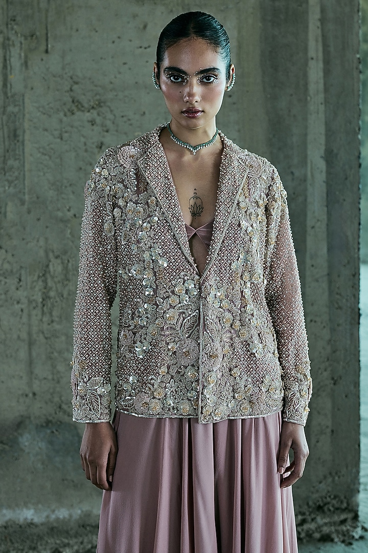 Rose Gold Organza Embroidered Blazer Set by ISTYA at Pernia's Pop Up Shop