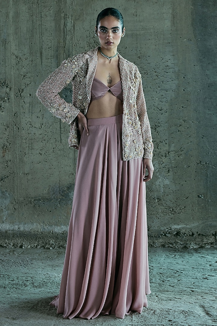 Rose Gold Organza Embroidered Blazer Set by ISTYA at Pernia's Pop Up Shop