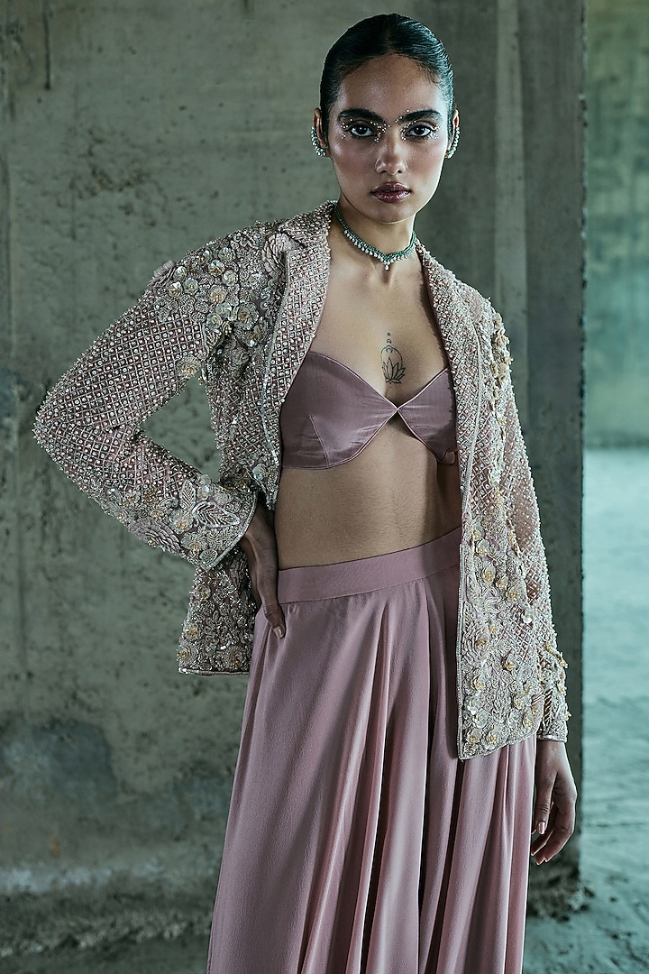 Rose Gold Organza Embroidered Blazer Set by ISTYA at Pernia's Pop Up Shop