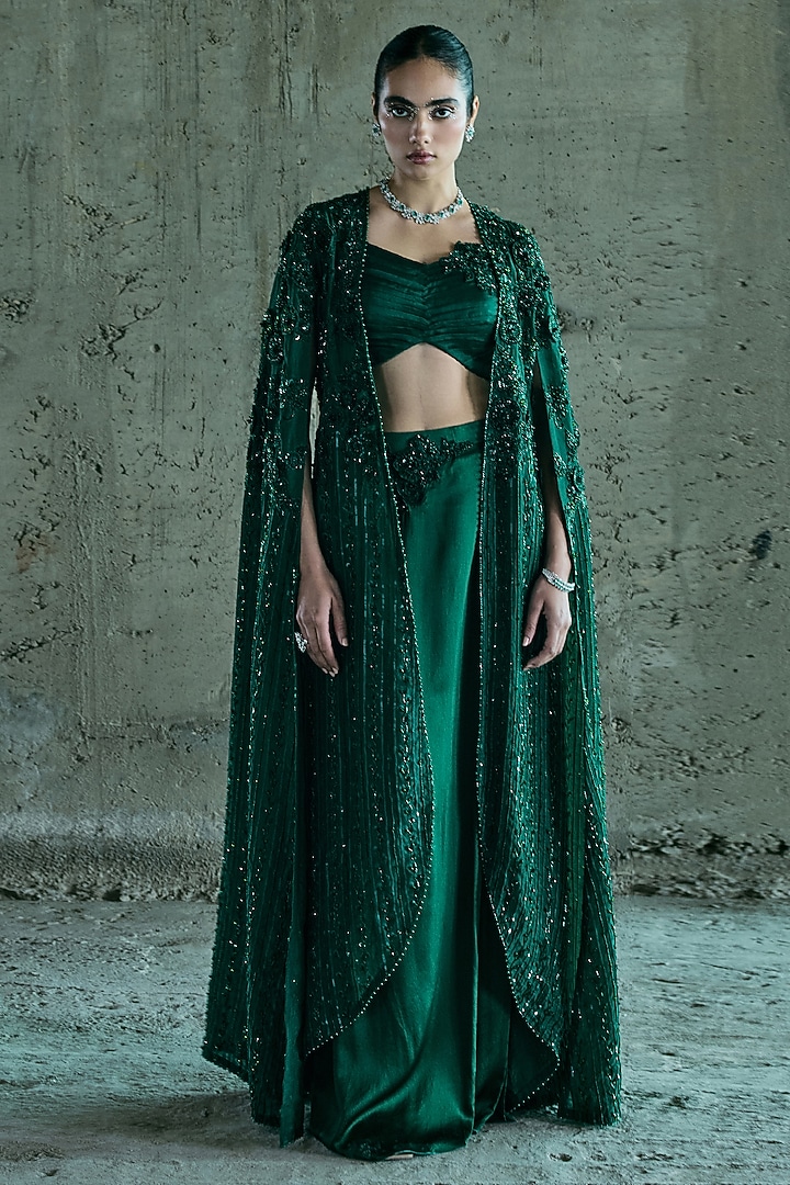 Emerald Green Organza Cape Set by ISTYA at Pernia's Pop Up Shop