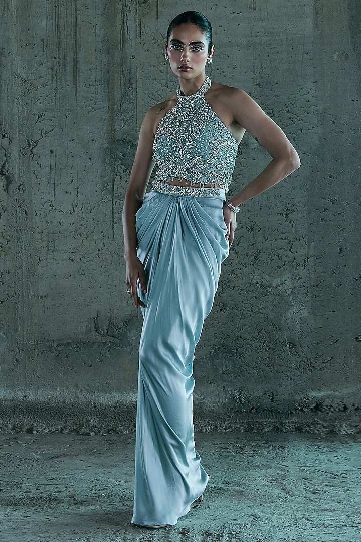 Ice Blue Satin Skirt Set by ISTYA at Pernia's Pop Up Shop