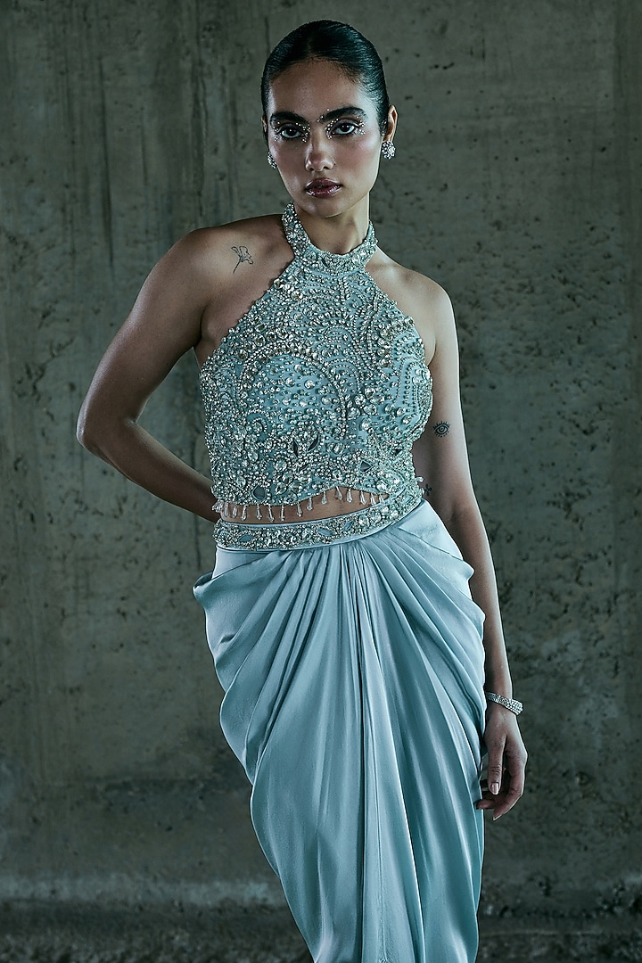 Ice Blue Satin Skirt Set by ISTYA at Pernia's Pop Up Shop
