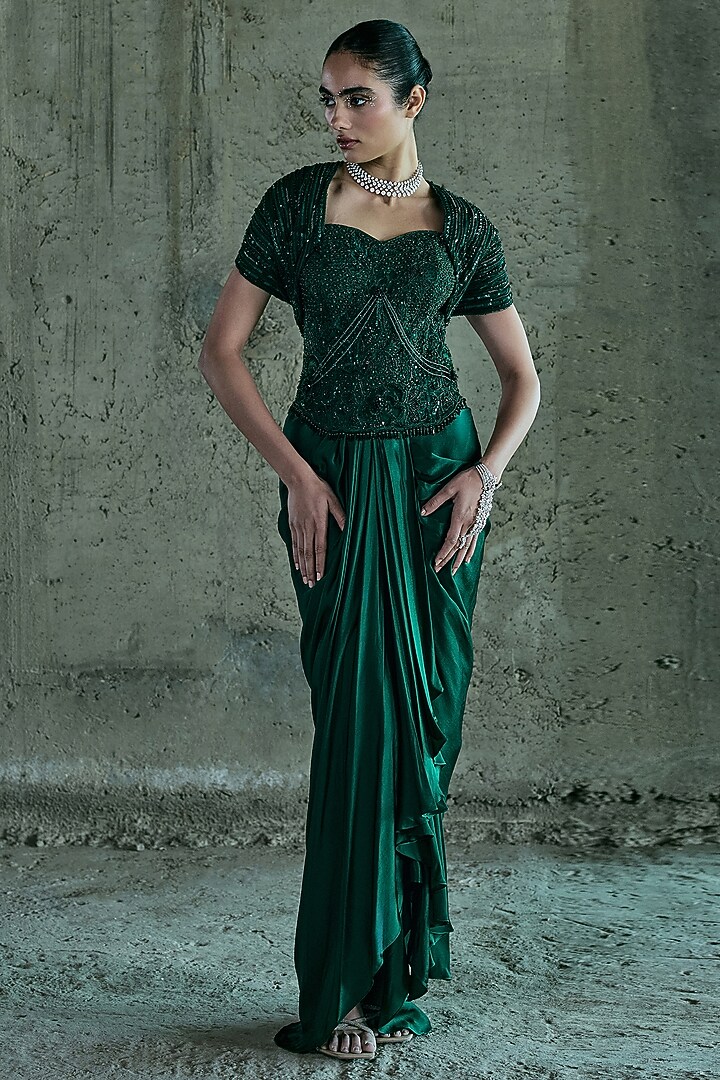 Emerald Green Satin Skirt Set by ISTYA at Pernia's Pop Up Shop