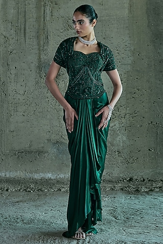 Emerald Green Satin Skirt Set by ISTYA
