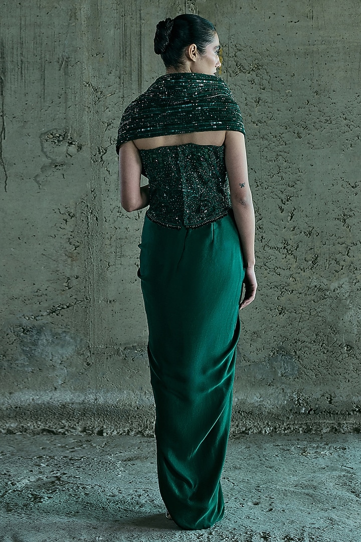 Emerald Green Satin Skirt Set by ISTYA at Pernia's Pop Up Shop