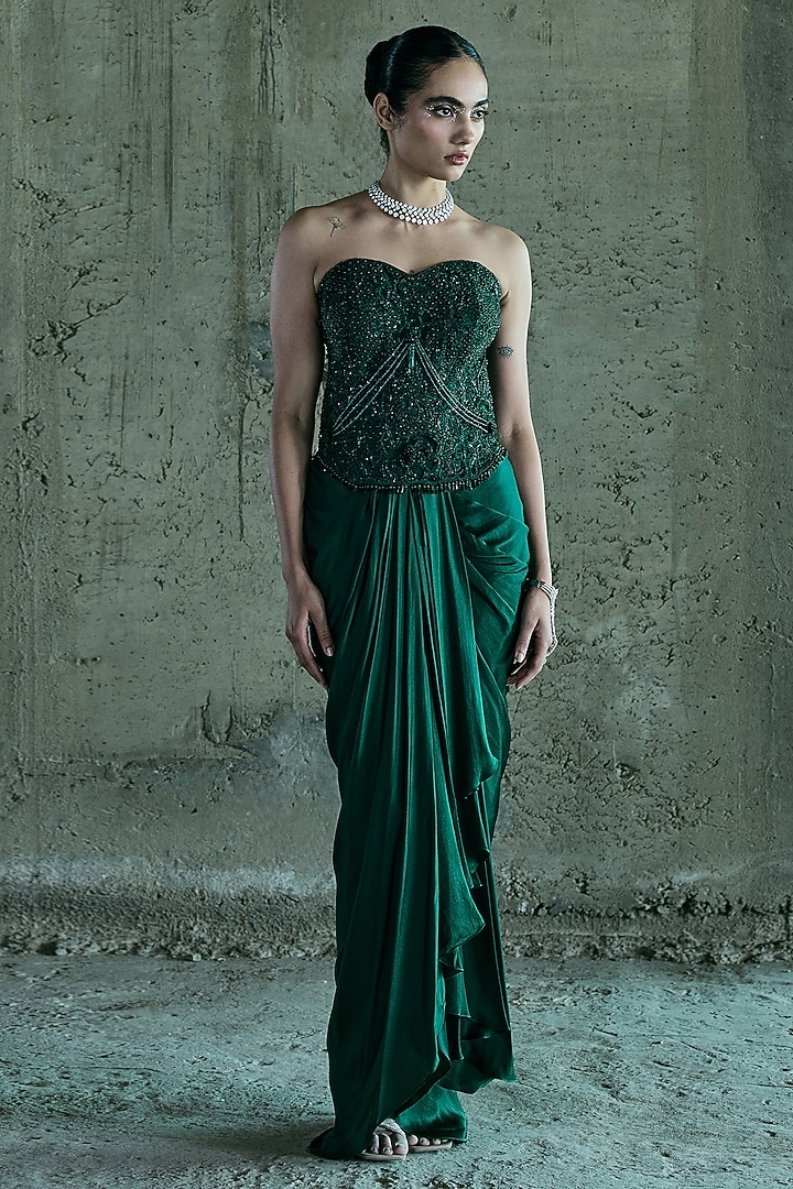 Emerald Green Satin Skirt Set by ISTYA at Pernia's Pop Up Shop