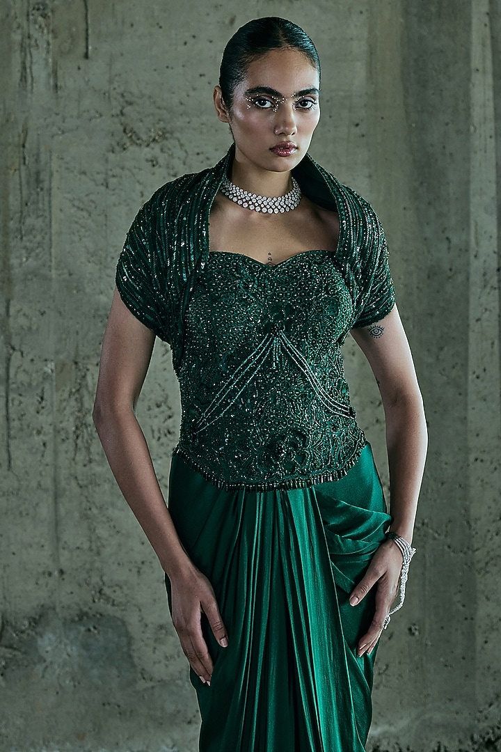 Emerald Green Satin Skirt Set by ISTYA at Pernia's Pop Up Shop