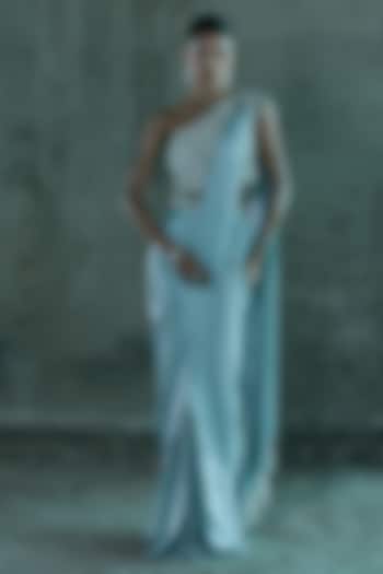 Ice Blue Satin Draped Wedding Saree Set by ISTYA at Pernia's Pop Up Shop