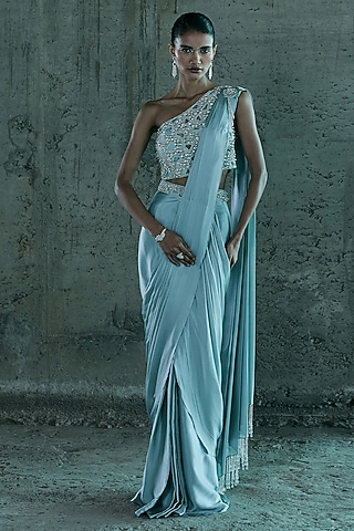 Ice Blue Satin Draped Saree Set by ISTYA