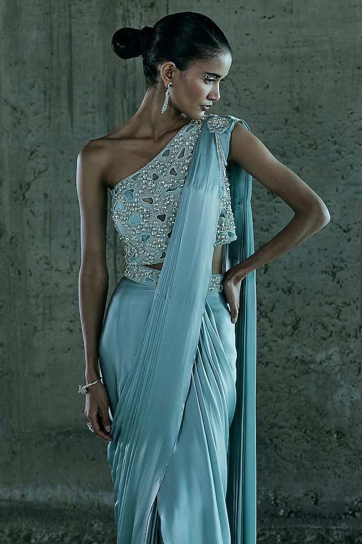Ice Blue Satin Draped Wedding Saree Set by ISTYA at Pernia's Pop Up Shop
