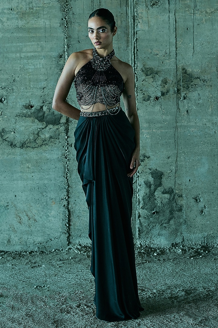 Black Satin Skirt Set by ISTYA at Pernia's Pop Up Shop