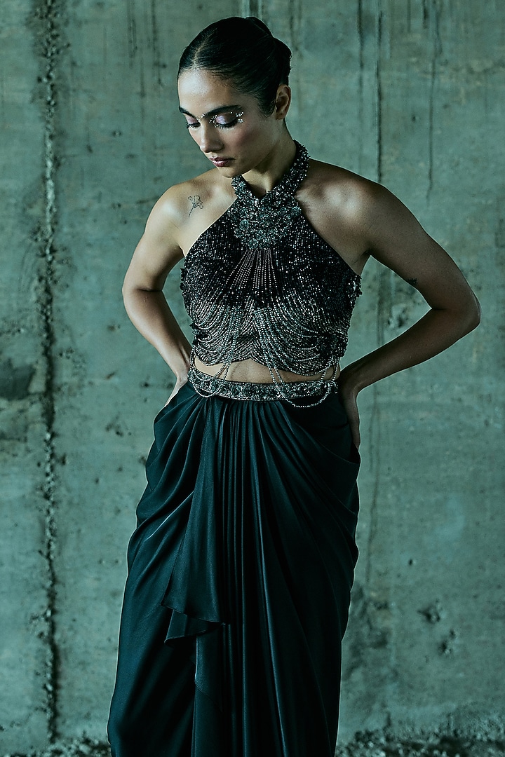 Black Satin Skirt Set by ISTYA at Pernia's Pop Up Shop