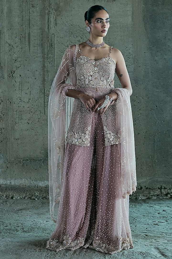 Rose Gold Net Embroidered Bridal Sharara Set by ISTYA at Pernia's Pop Up Shop